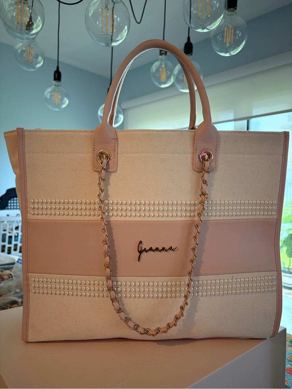 Women's Canvas and Pearl-Trim Pink Tote Bag like Abbott Lyon Personalized Gianna